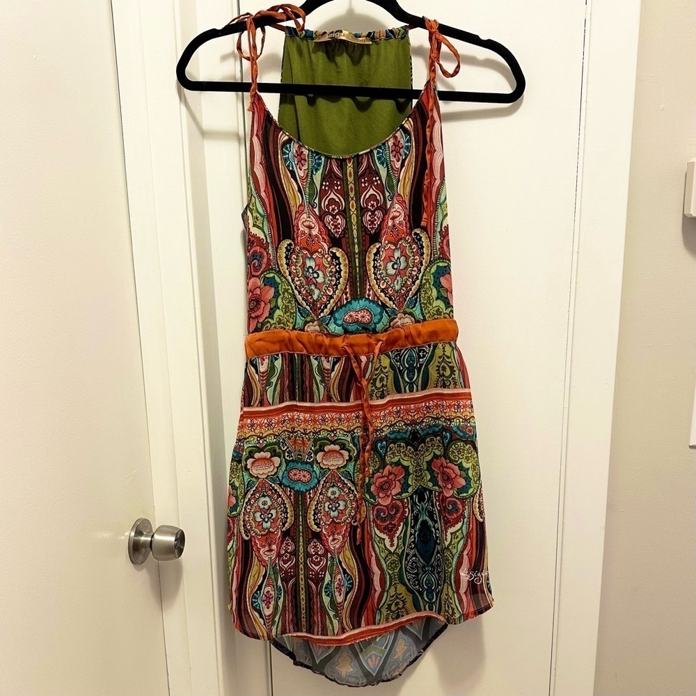 Desigual Edith Shift Floaty Dress Green Floral Strap Scoop Neck Drawstring M 38